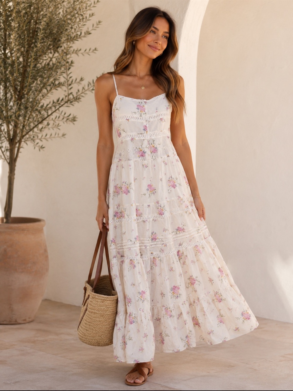 Universal Thread White Pink Floral Lace Tiered Maxi Dress XL NWT Boho